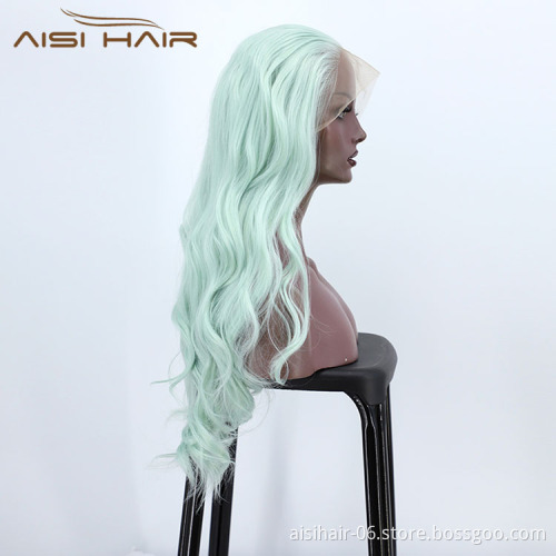 Ombre Swiss Lace Synthetic Hair Wholesale Cheap Vendor Cosplay Long Curly Body Wave Green For Black Women Lace Front Wig